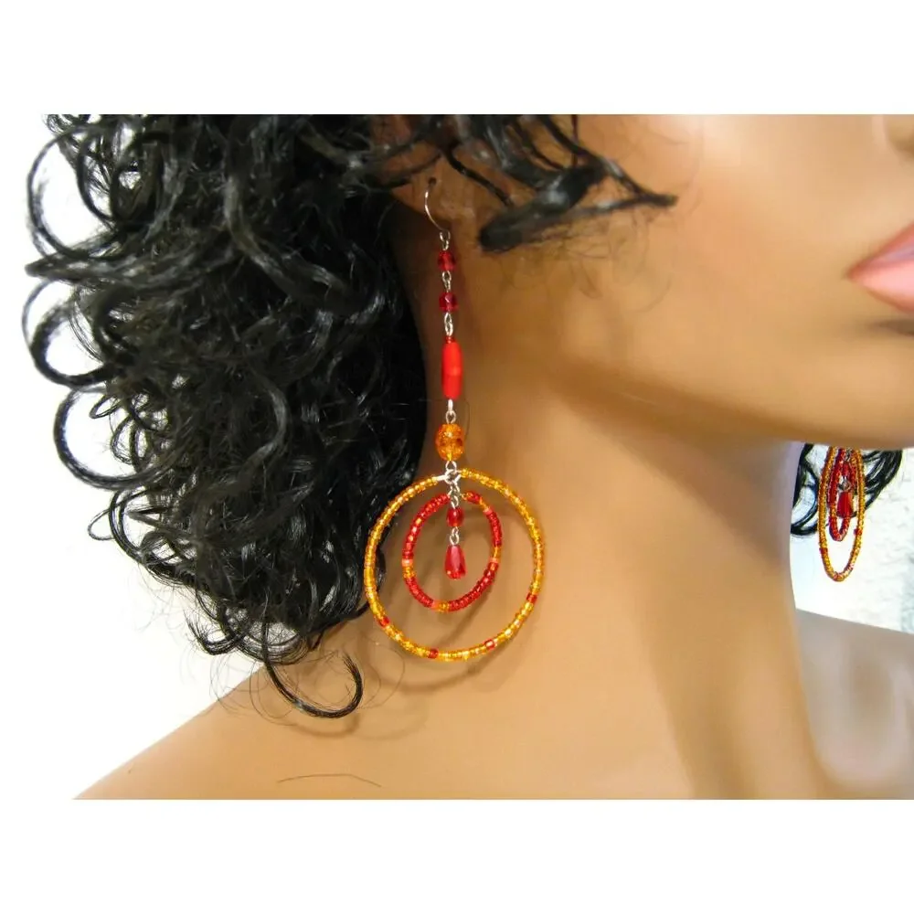 Set of Handcrafted Earrings Crystal drops Red Gold Hoops Krobo Beaded Drops